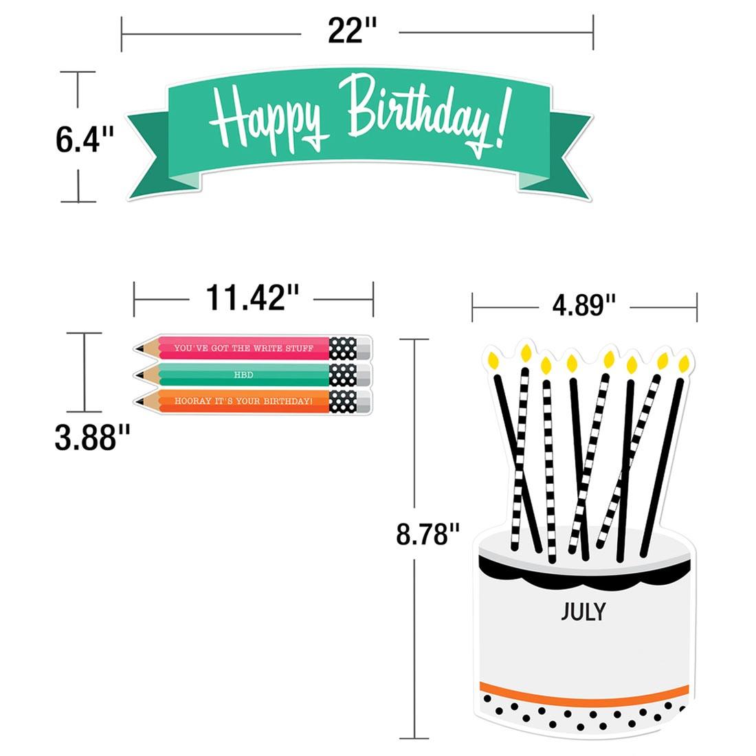 Pieces of the Black, White & Stylish Brights Birthday Bulletin Board Set By Carson Dellosa with their measurements