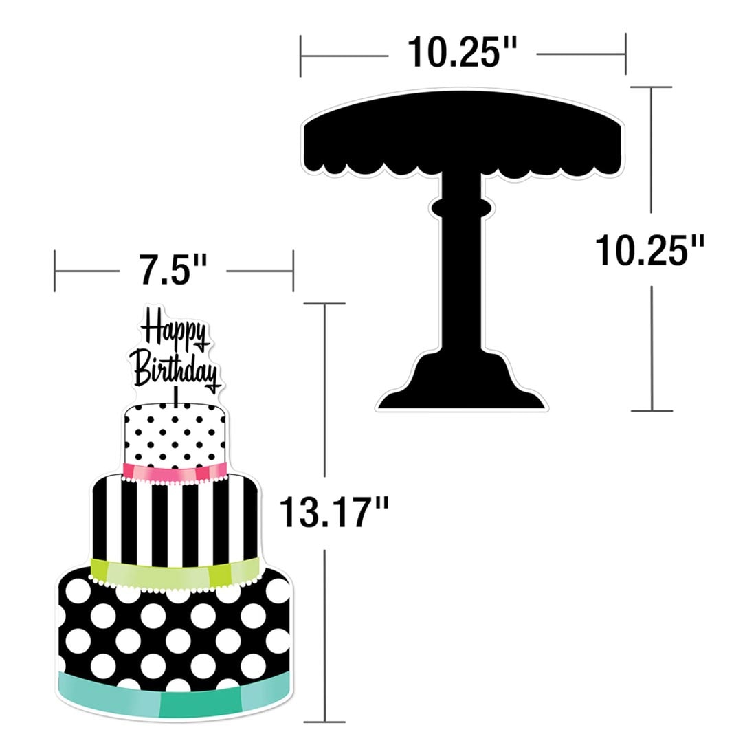 Pieces of the Black, White & Stylish Brights Birthday Bulletin Board Set By Carson Dellosa with their measurements