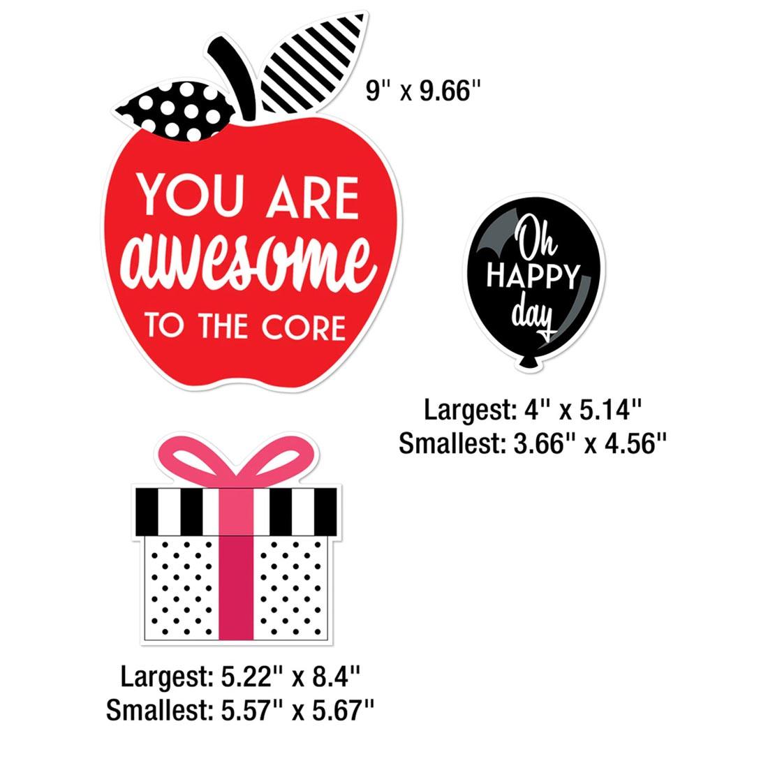 Pieces of the Black, White & Stylish Brights Birthday Bulletin Board Set By Carson Dellosa with their measurements