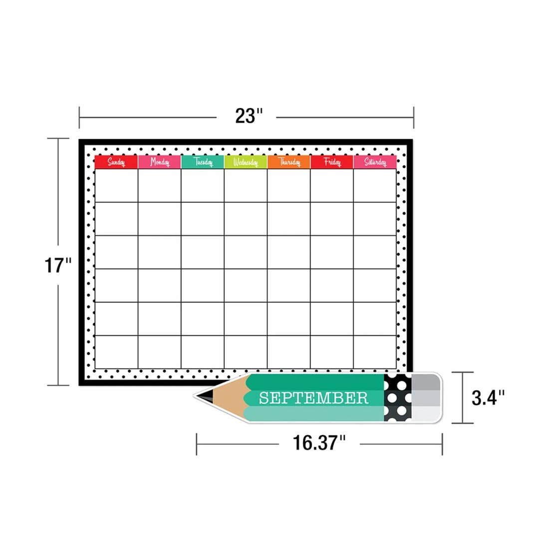 Pieces of the Black, White & Stylish Brights Calendar Bulletin Board Set By Carson Dellosa with their measurements