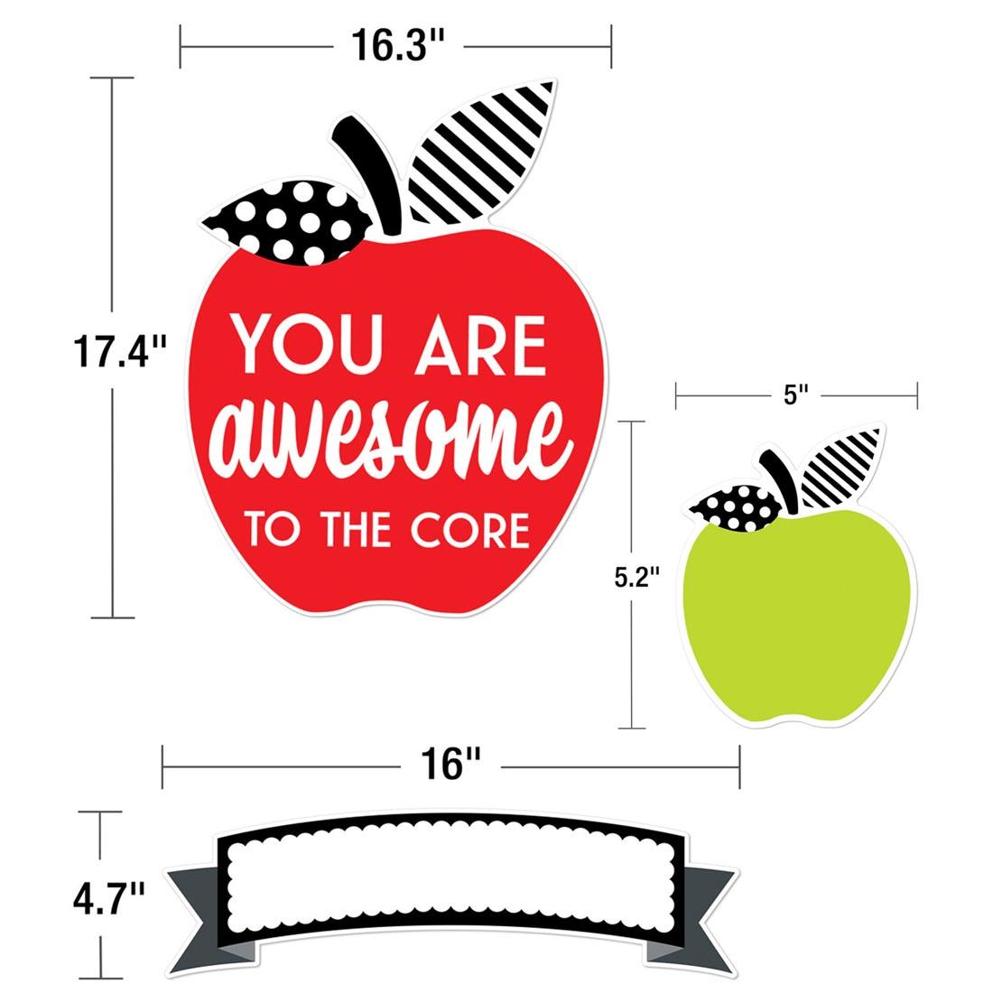 Pieces of the Black, White & Stylish Brights You Are Awesome to the Core Bulletin Board Set By Carson Dellosa with their measurements