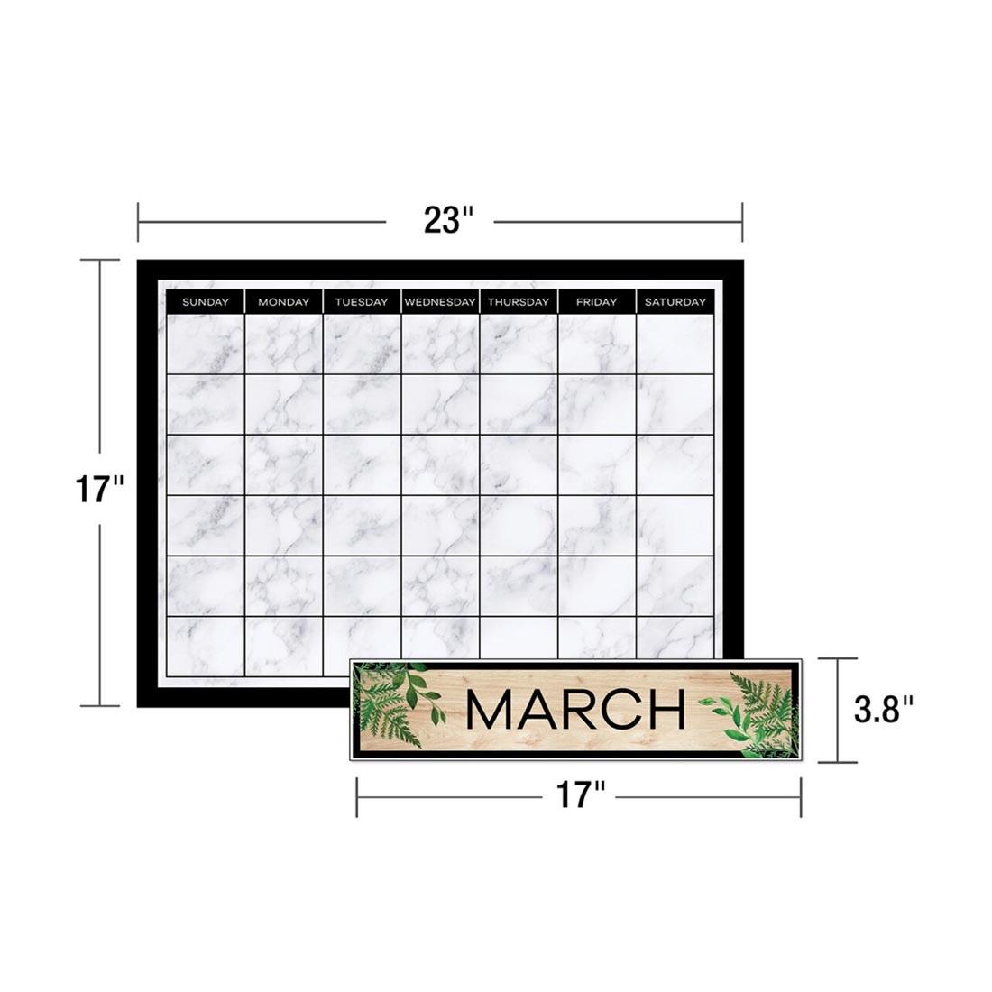 Pieces of Simply Boho Calendar Bulletin Board Set By Carson Dellosa with their measurements