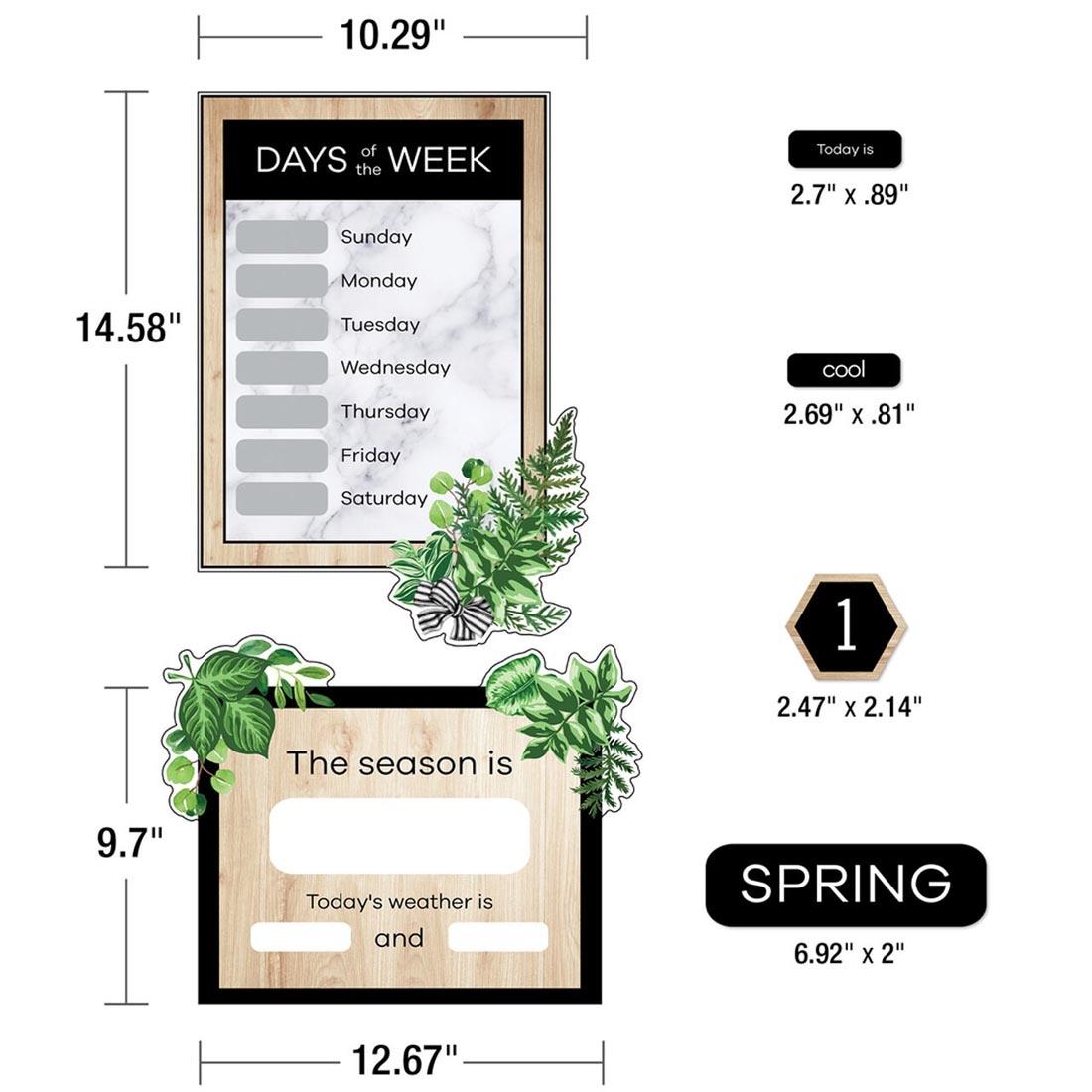 Pieces of Simply Boho Calendar Bulletin Board Set By Carson Dellosa with their measurements