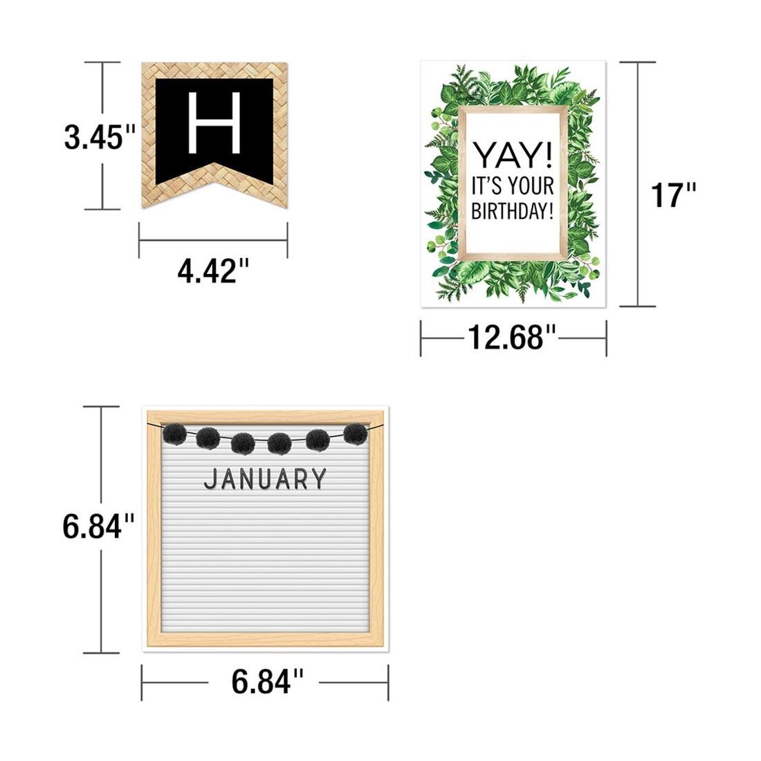 Pieces of the Simply Boho Birthday Bulletin Board Set By Carson Dellosa with their measurements