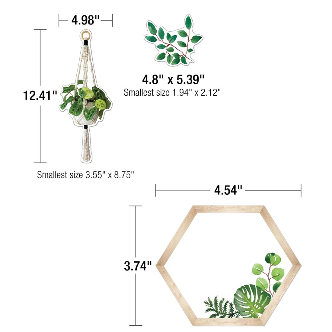 3 elements from the Simply Boho Home Sweet Classroom Bulletin Board Set By Carson Dellosa with their measurements labeled