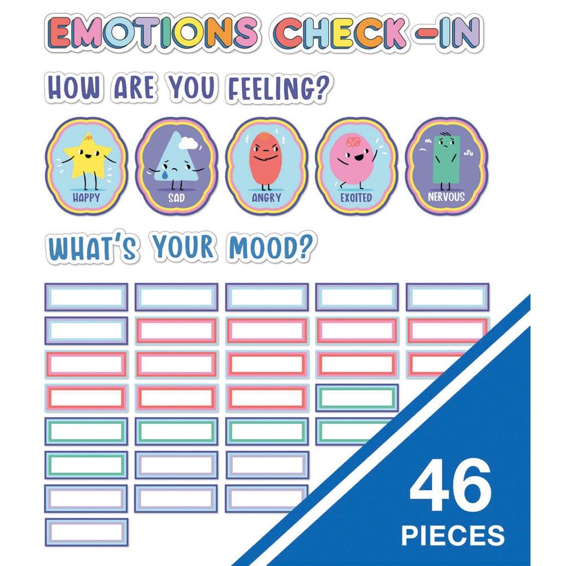 pieces from the Emotions Check-In Bulletin Board Set with the text 46 pieces