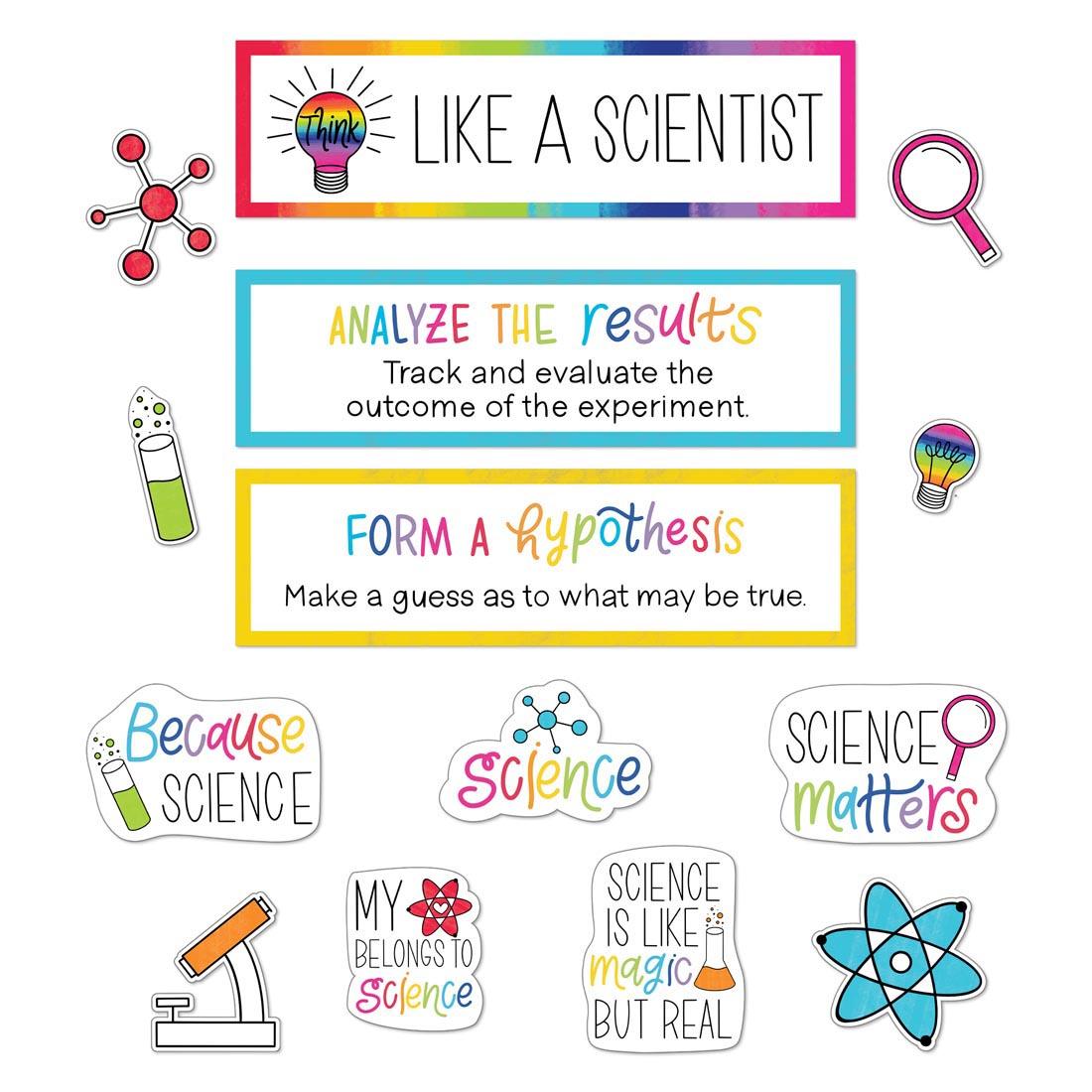 Various pieces from the Light Bulb Moments Think Like a Scientist Mini Bulletin Board Set By Carson Dellosa