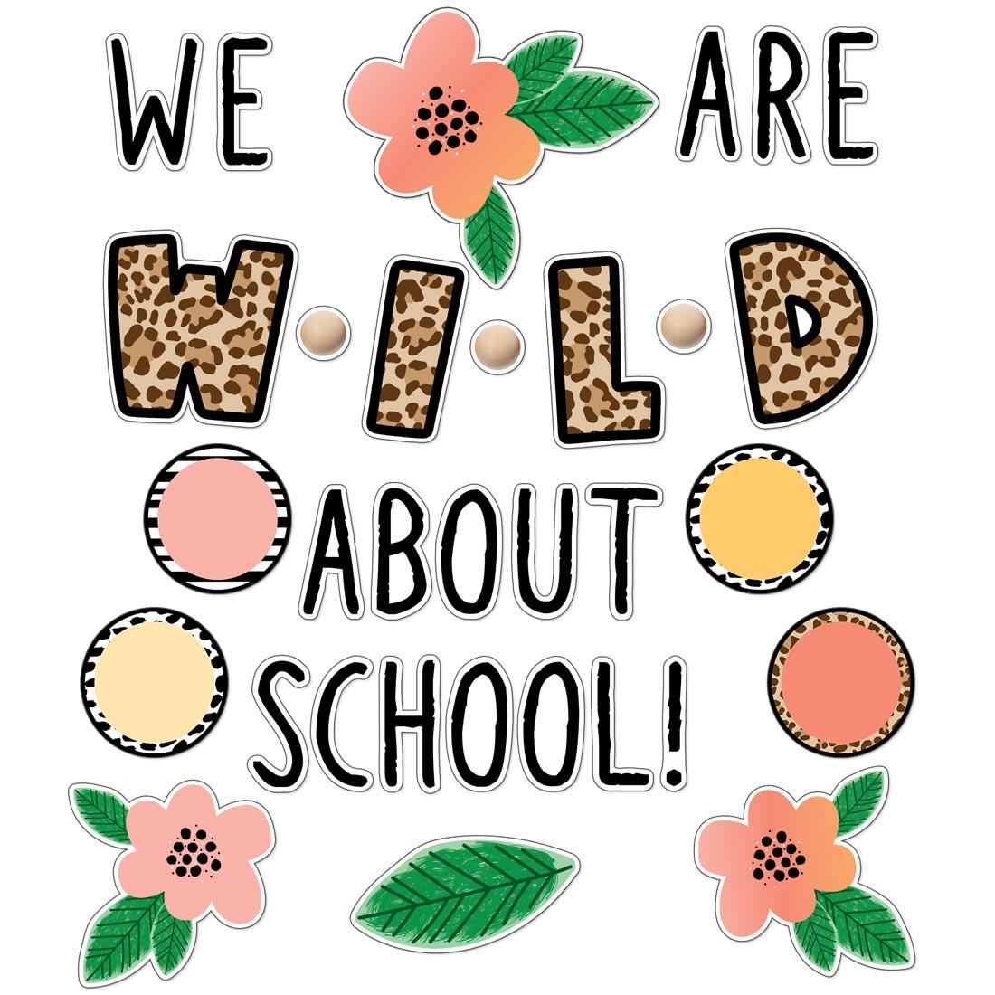 Several pieces from the Simply Safari We Are Wild About School Bulletin Board Set By Carson Dellosa