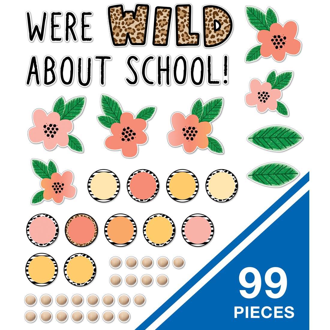 Pieces from the Simply Safari We Are Wild About School Bulletin Board Set By Carson Dellosa, noting there are 99 pieces in all