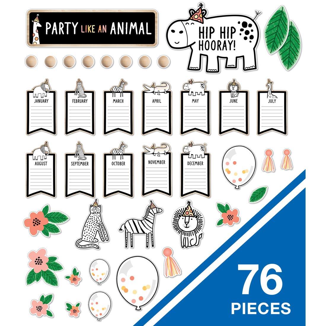 Many pieces from the Simply Safari Birthday Bulletin Board Set By Carson Dellosa, noting there are 76 pieces in all