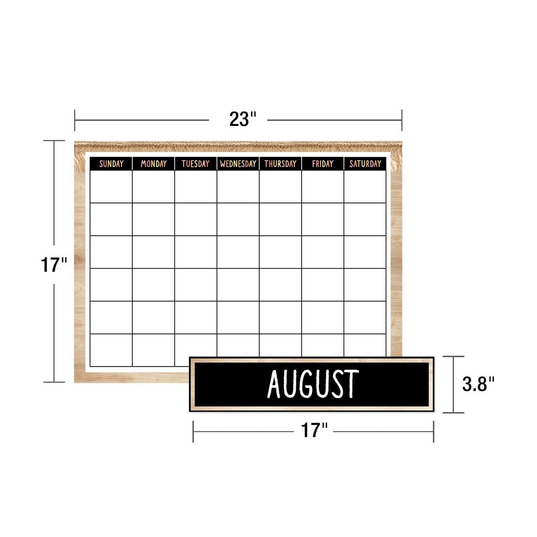 Calendar grid and monthly header from the Simply Safari Calendar Bulletin Board Set By Carson Dellosa with their sizes