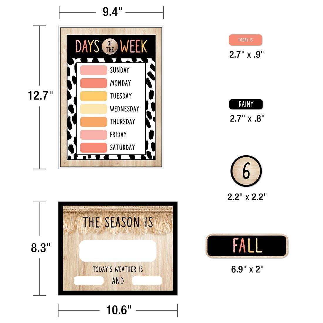 Various pieces from the Simply Safari Calendar Bulletin Board Set By Carson Dellosa with their sizes