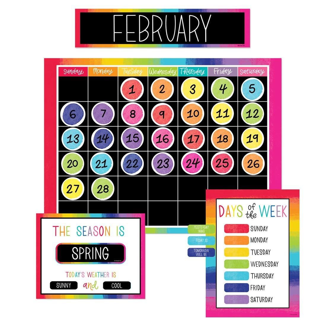 Main components of the Light Bulb Moments Calendar Bulletin Board Set By Carson Dellosa, including calendar grid