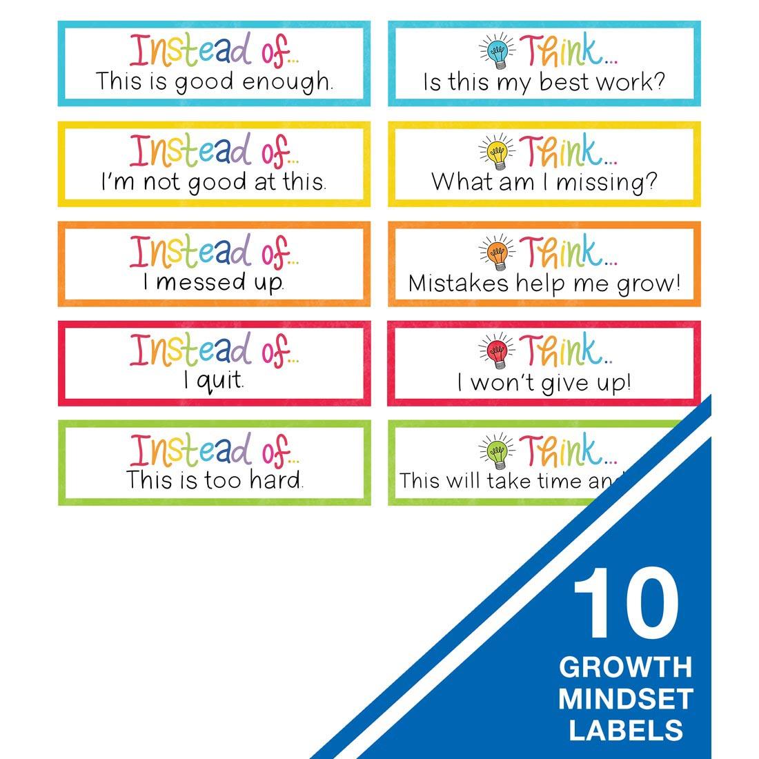 Growth mindset labels from the Light Bulb Moments Growth Mindset Mini Bulletin Board Set By Carson Dellosa, suggesting alternative ways to frame negative thoughts