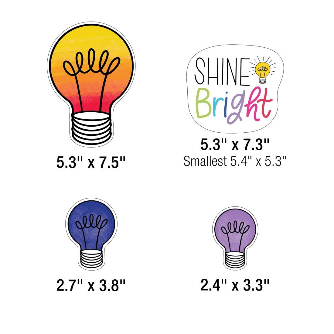 Various accent pieces from the Light Bulb Moments Growth Mindset Mini Bulletin Board Set By Carson Dellosa with sizes listed