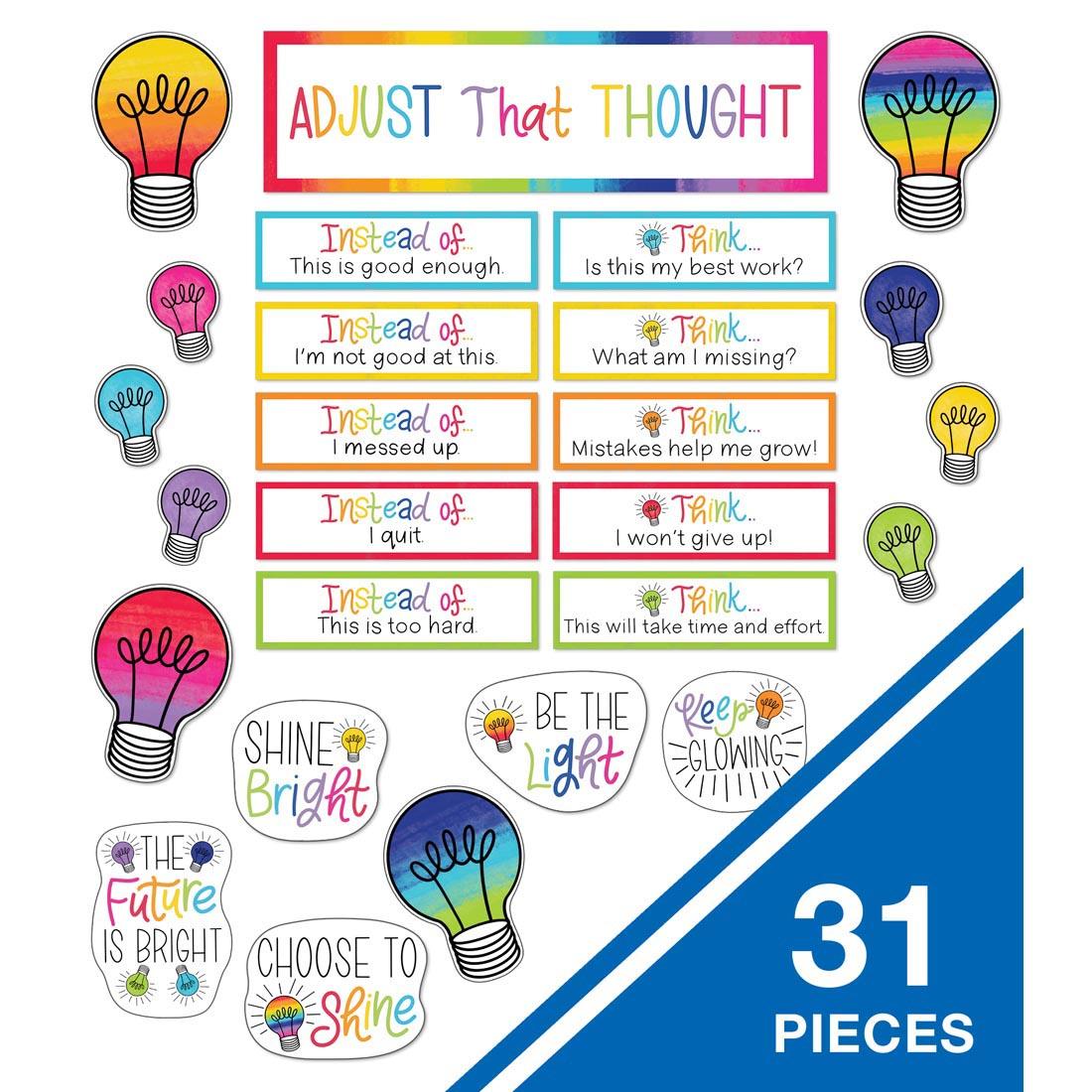 Most of the pieces from the Light Bulb Moments Growth Mindset Mini Bulletin Board Set By Carson Dellosa, noting there are 31 pieces in all