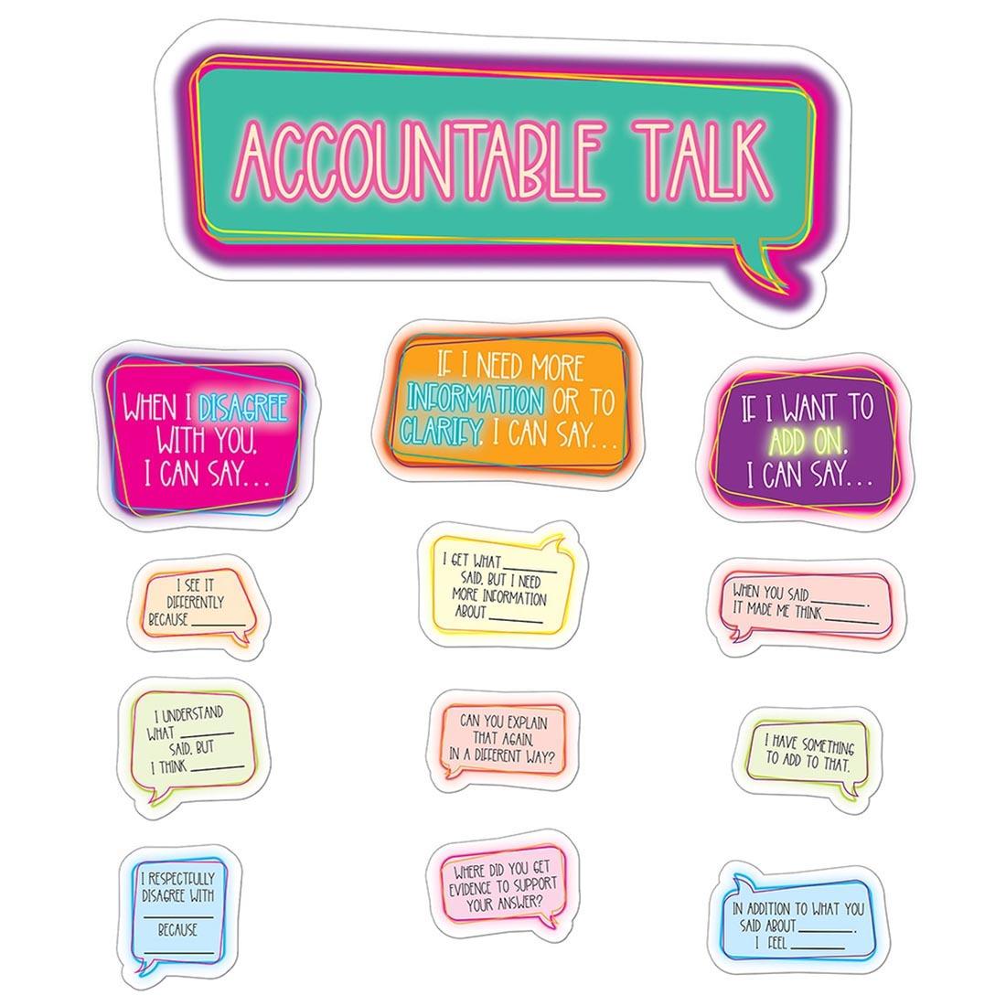Header and main pieces from the Accountable Talk Bulletin Board Set By Carson Dellosa, with ideas for positive feedback and criticism