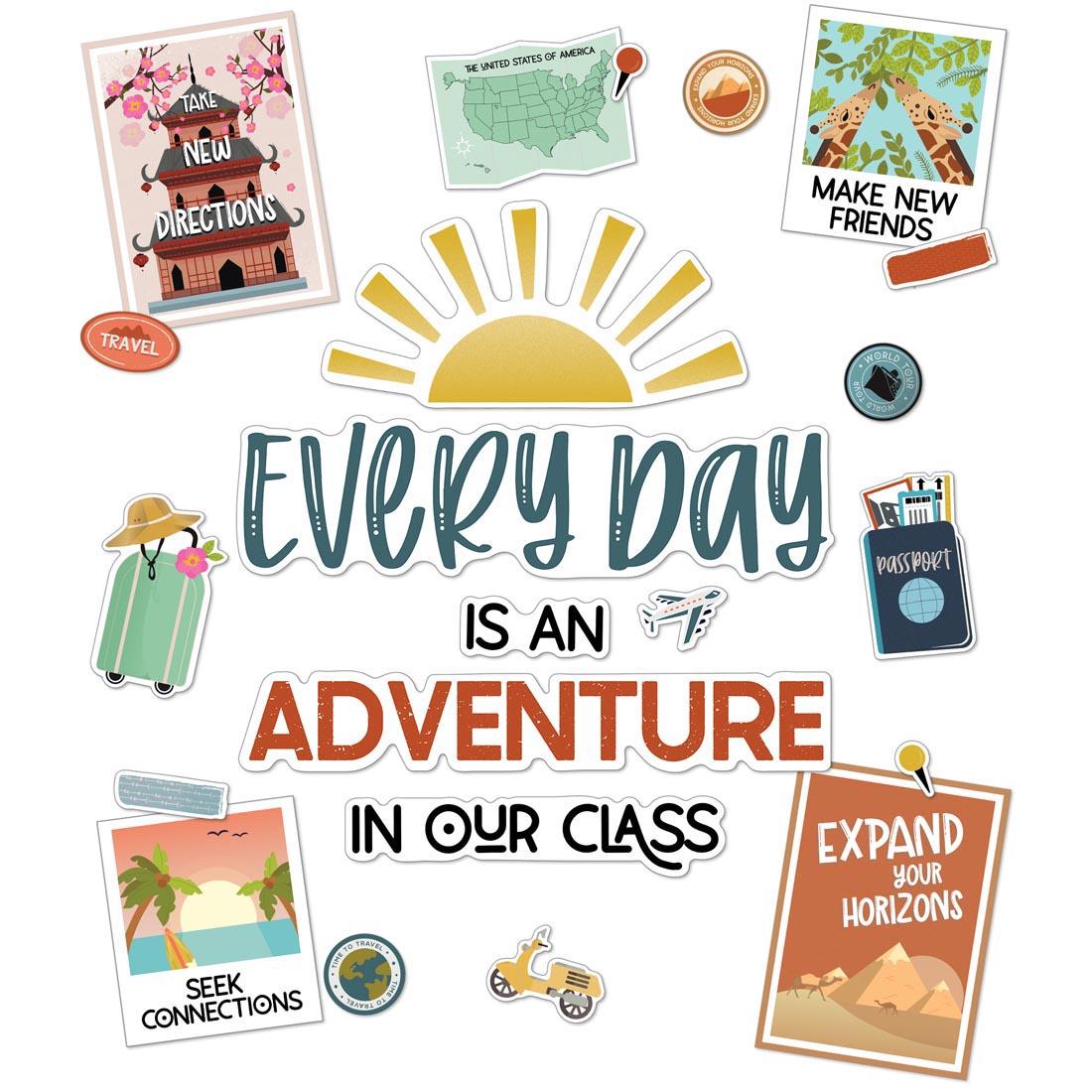 Pieces from the Let's Explore Every Day Is an Adventure Bulletin Board Set By Carson Dellosa, including header and travel posters/postcards with positive sayings