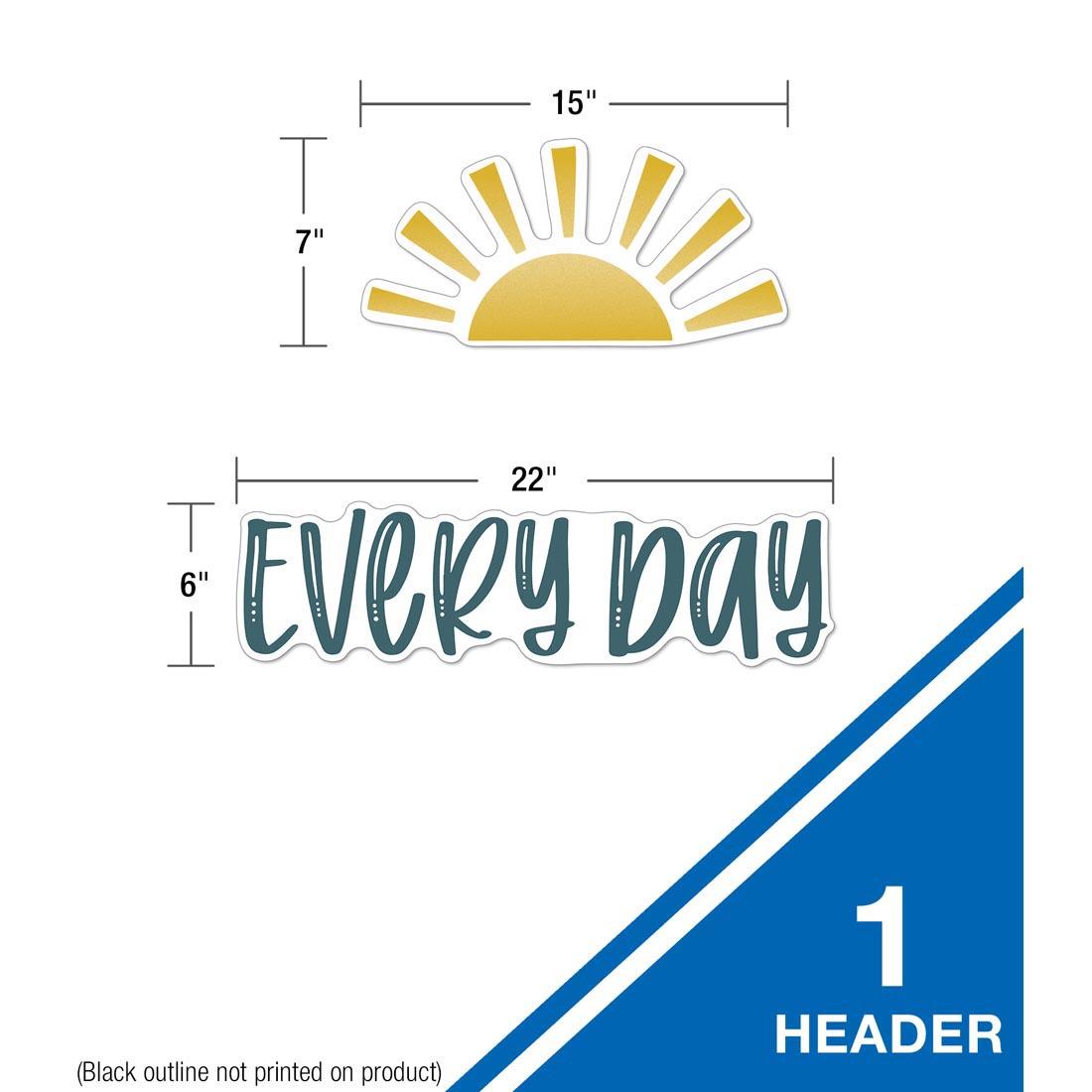 Various pieces from the Let's Explore Every Day Is an Adventure Bulletin Board Set By Carson Dellosa with sizes listed
