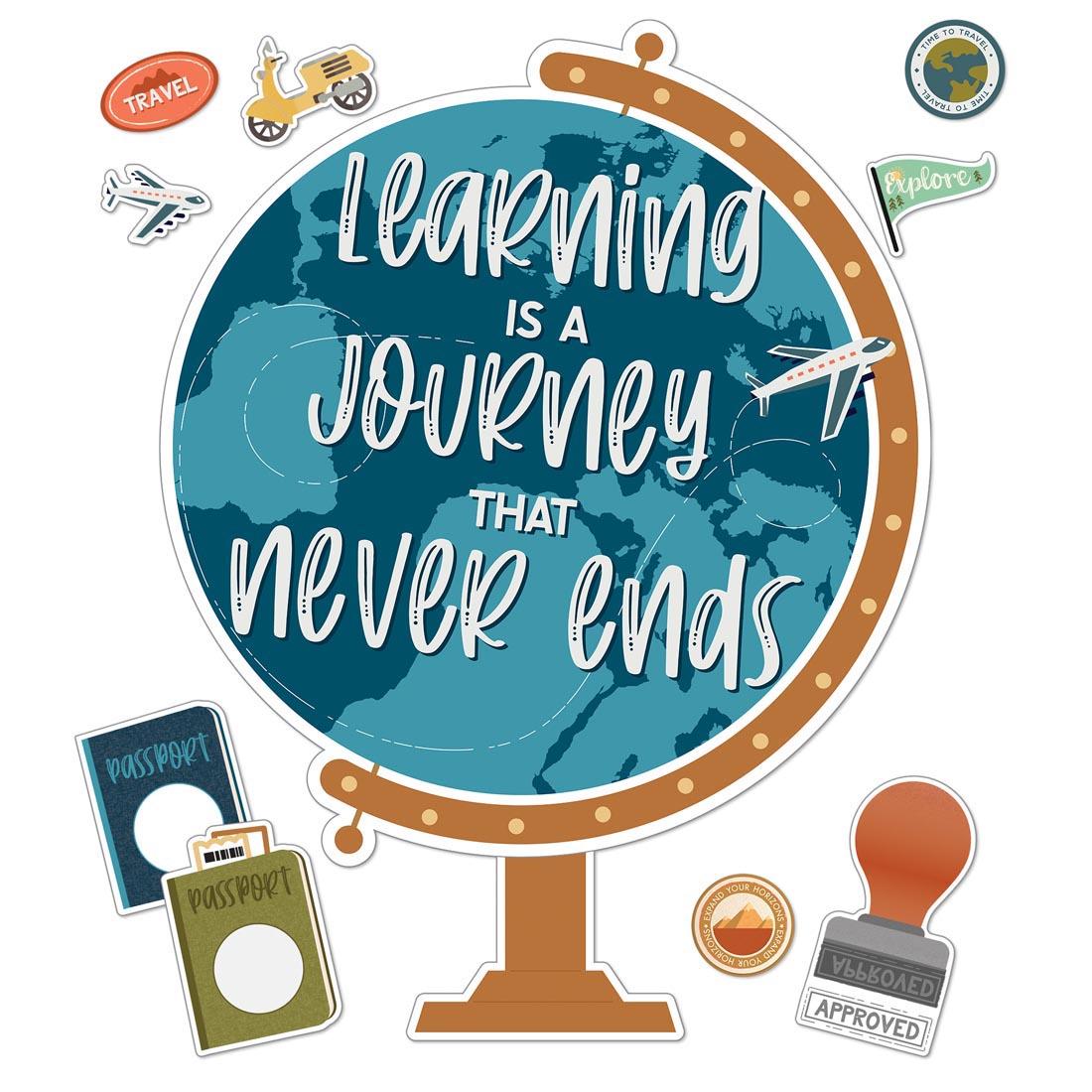Main components of Let's Explore Learning Is a Journey Bulletin Board Set By Carson Dellosa, including large globe piece