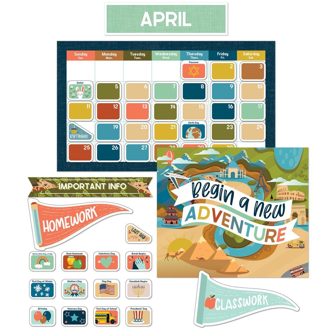 Main components of Let's Explore Calendar Bulletin Board Set By Carson Dellosa, including calendar grid and accents