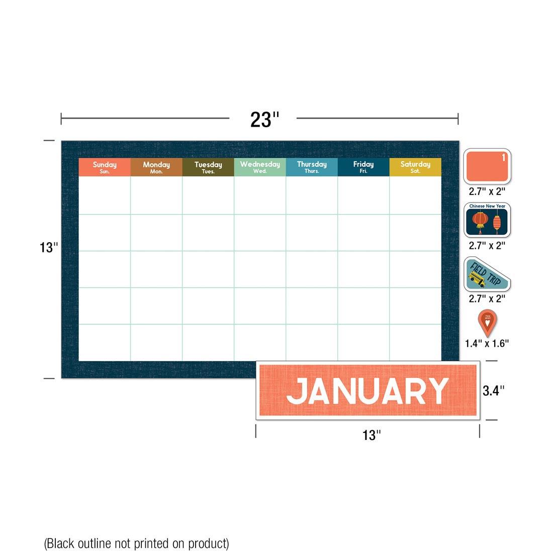 Calendar grid and monthly header from Let's Explore Calendar Bulletin Board Set By Carson Dellosa with measurements