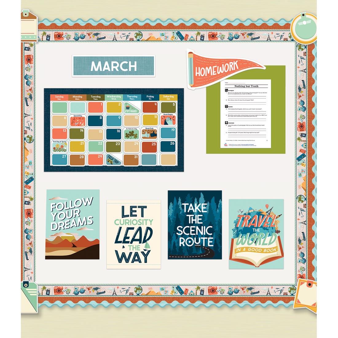 Example of how to display the Let's Explore Calendar Bulletin Board Set By Carson Dellosa in the classroom