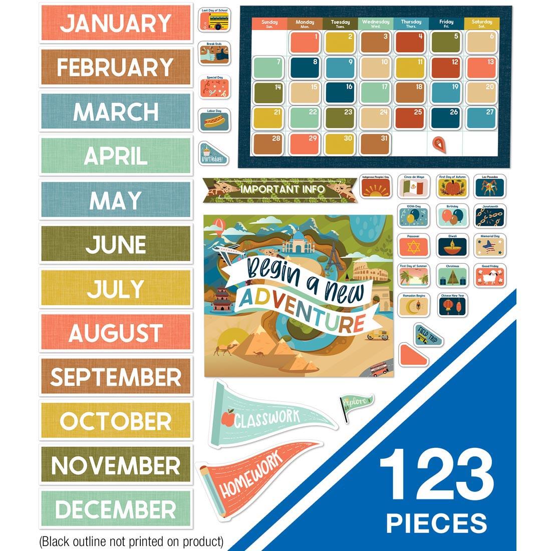 Most of the pieces from the Let's Explore Calendar Bulletin Board Set By Carson Dellosa, noting there are 123 pieces in all