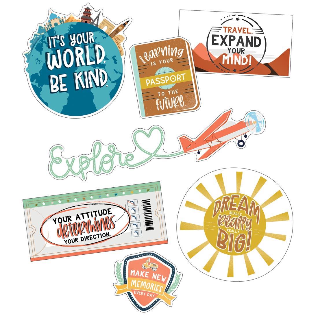 Various pieces from the Let's Explore Motivational Mini Bulletin Board Set By Carson Dellosa