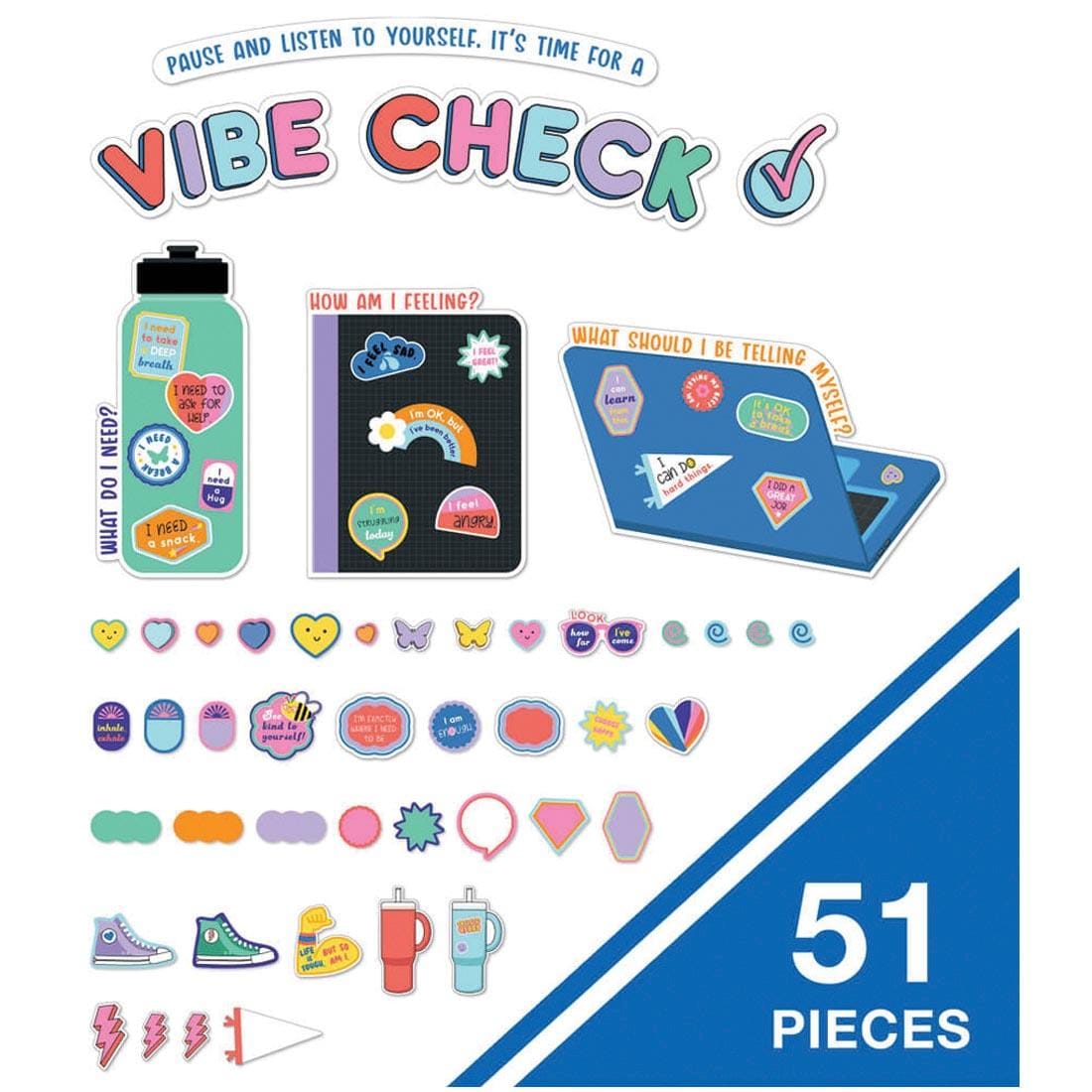 pieces from Vibe Check Bulletin Board Set from the We Stick Together collection by Carson Dellosa with text 51 Pieces