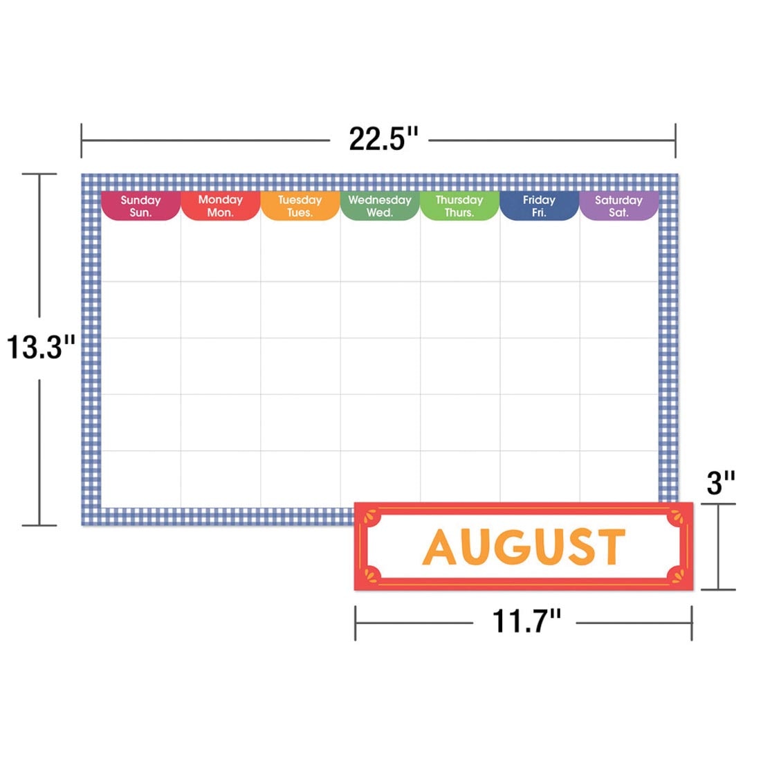 2 pieces of the Calendar Bulletin Board Set from the Farmers Market collection By Carson Dellosa labeled with measurements 22.5 x 13.3" and 3 x 11.7"