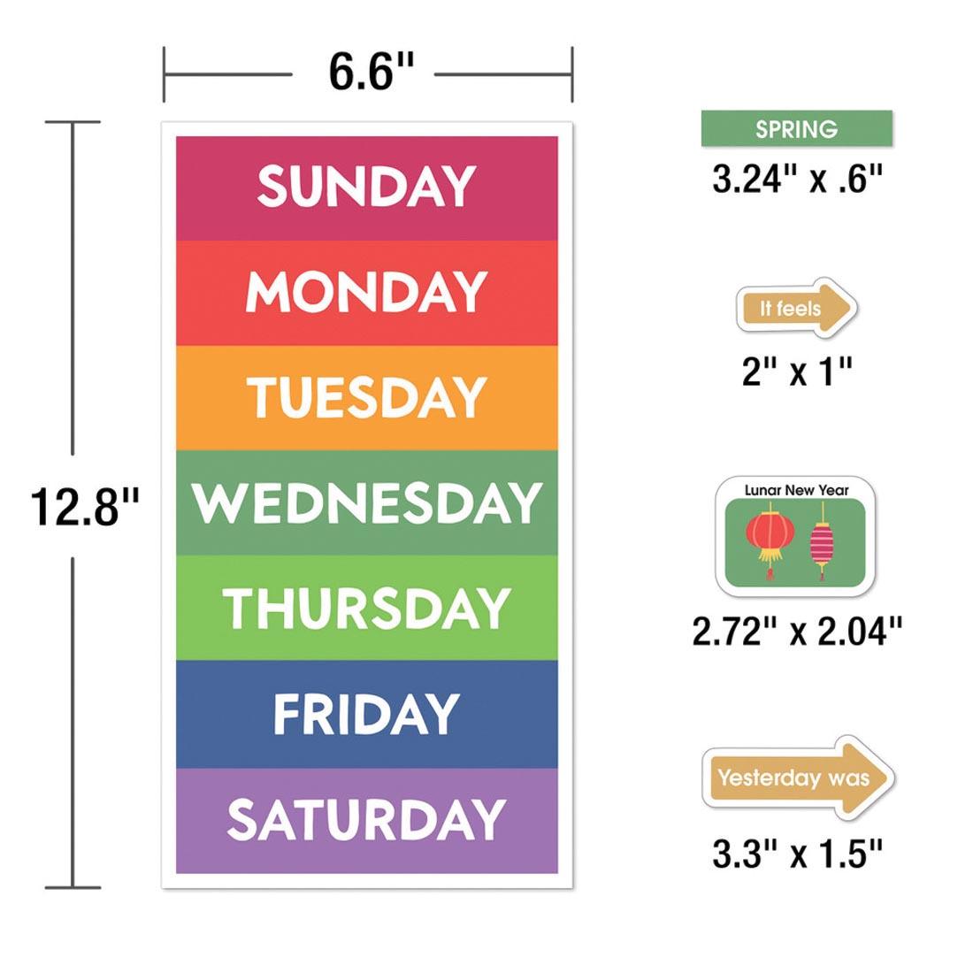 5 pieces of the Calendar Bulletin Board Set from the Farmers Market collection By Carson Dellosa each labeled with their measurements