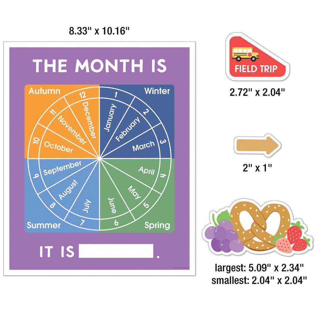 4 pieces of the Calendar Bulletin Board Set from the Farmers Market collection By Carson Dellosa each labeled with their measurements