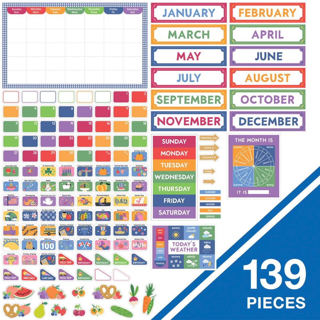 contents of the Calendar Bulletin Board Set from the Farmers Market collection By Carson Dellosa plus text 139 Pieces