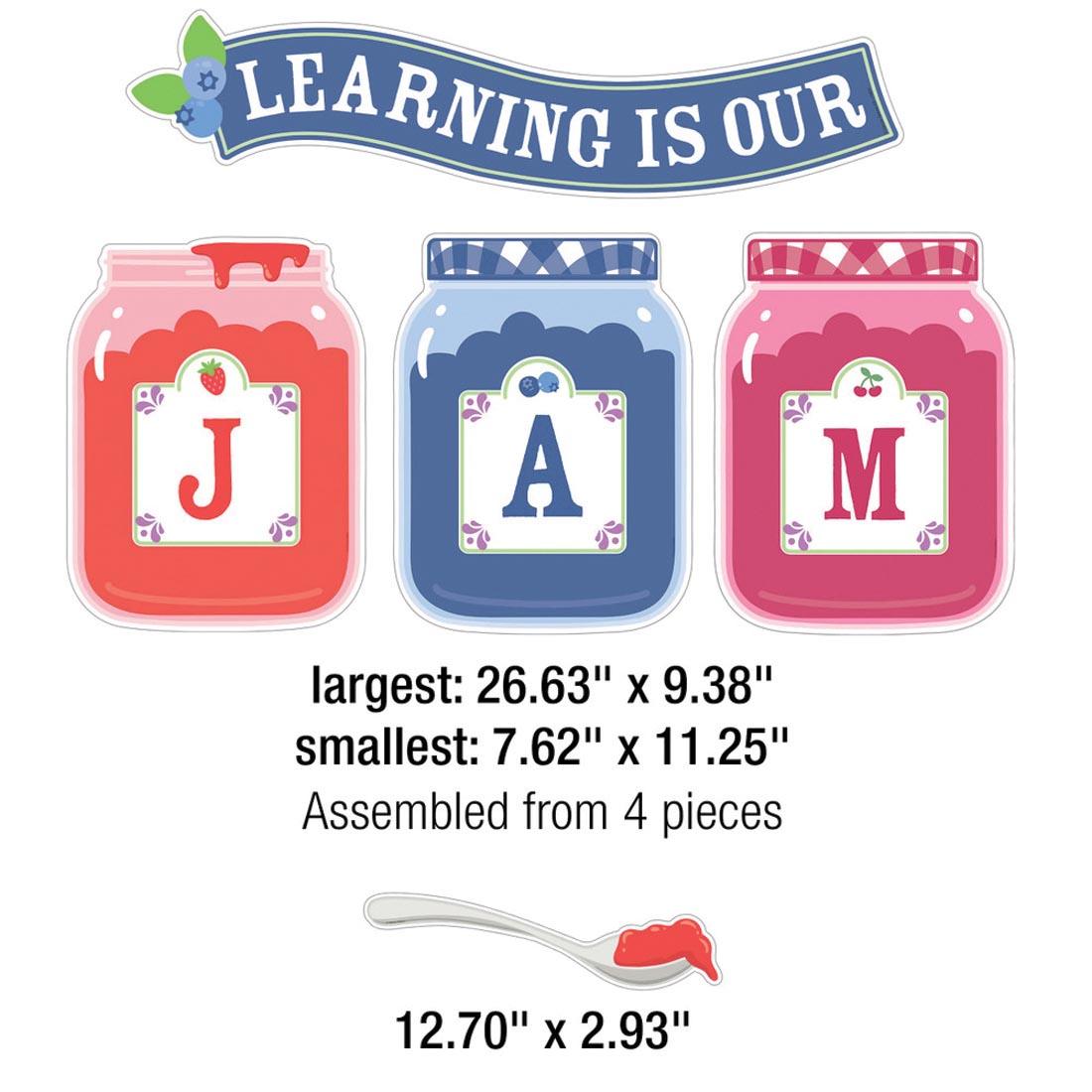 pieces from Learning Is Our Jam Bulletin Board Set from the Farmers Market collection By Carson Dellosa plus measurement information
