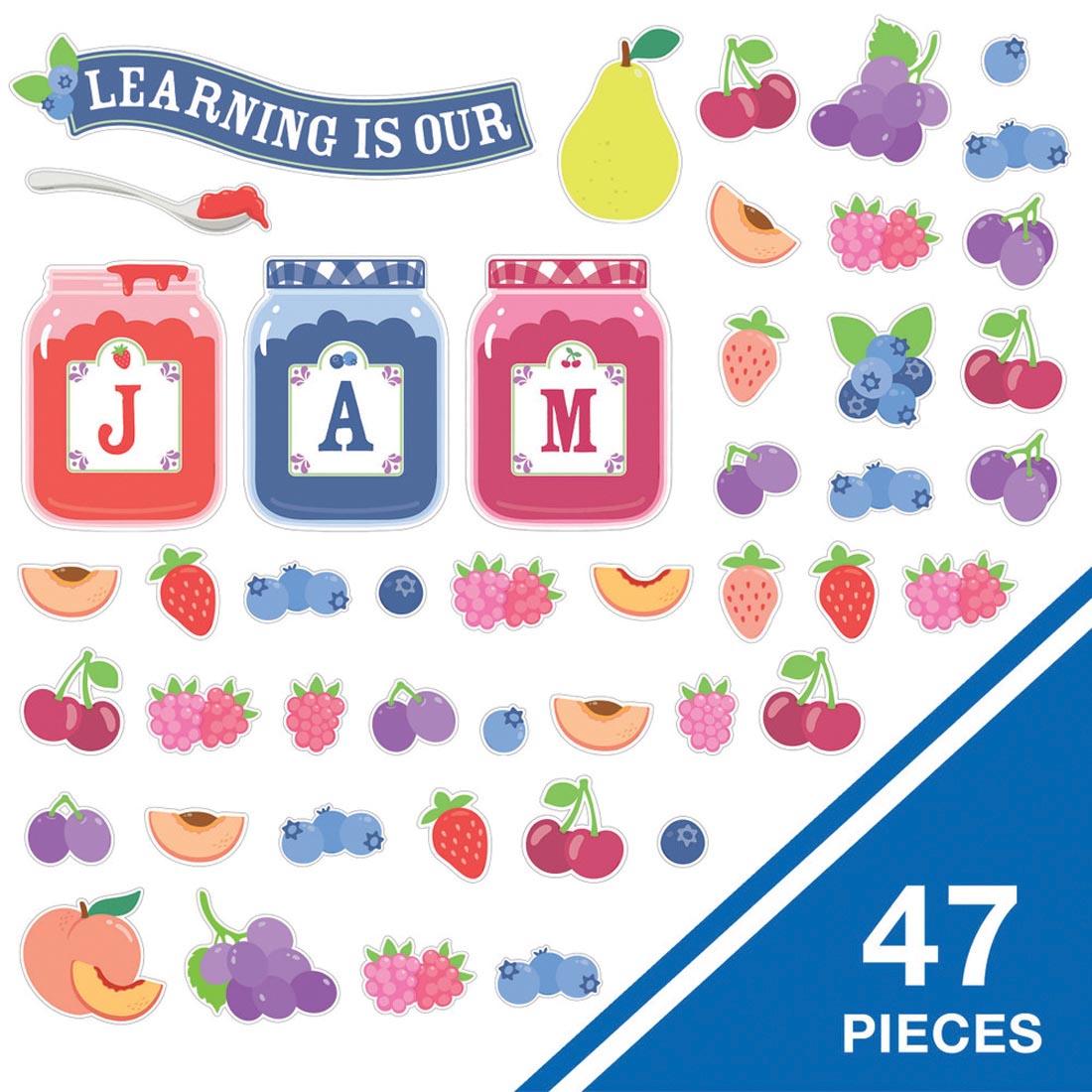contents of the Learning Is Our Jam Bulletin Board Set from the Farmers Market collection By Carson Dellosa plus text 47 pieces