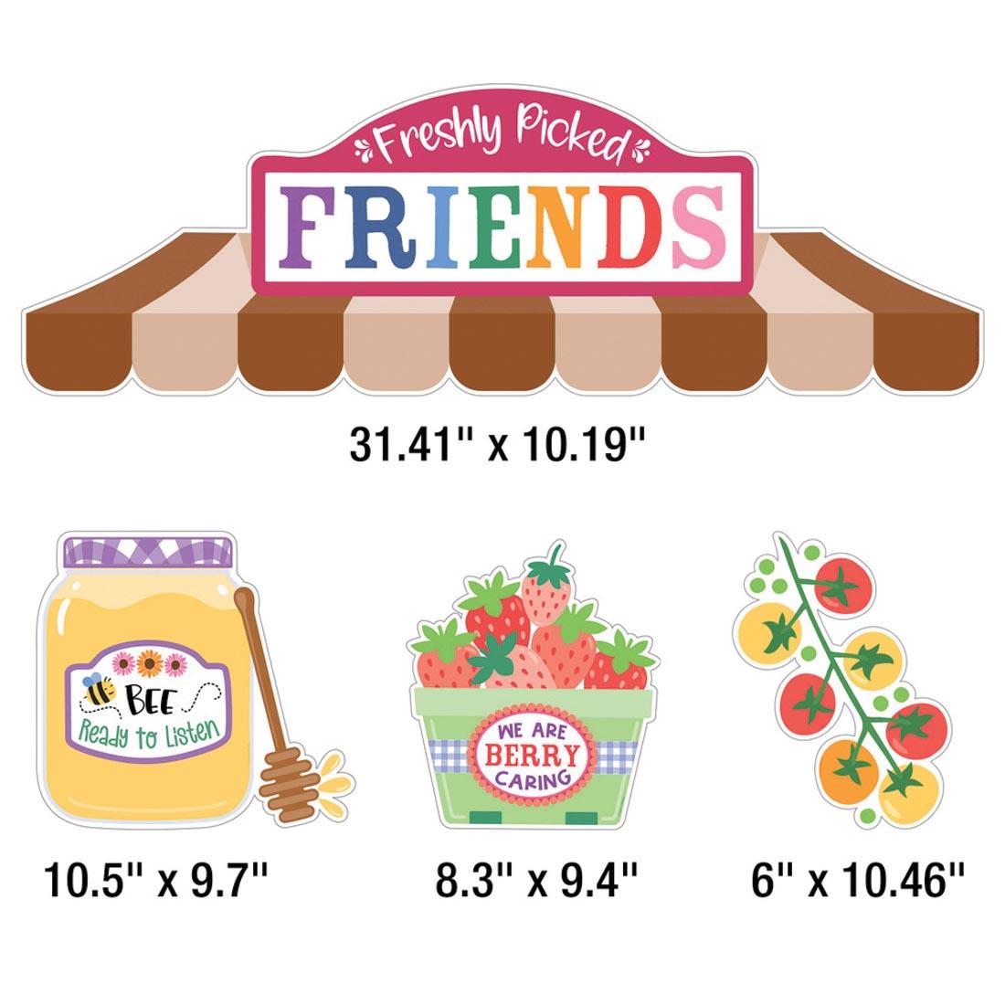 4 pieces from Freshly Picked Friends Bulletin Board Set from the Farmers Market collection By Carson Dellosa each labeled with their measurements