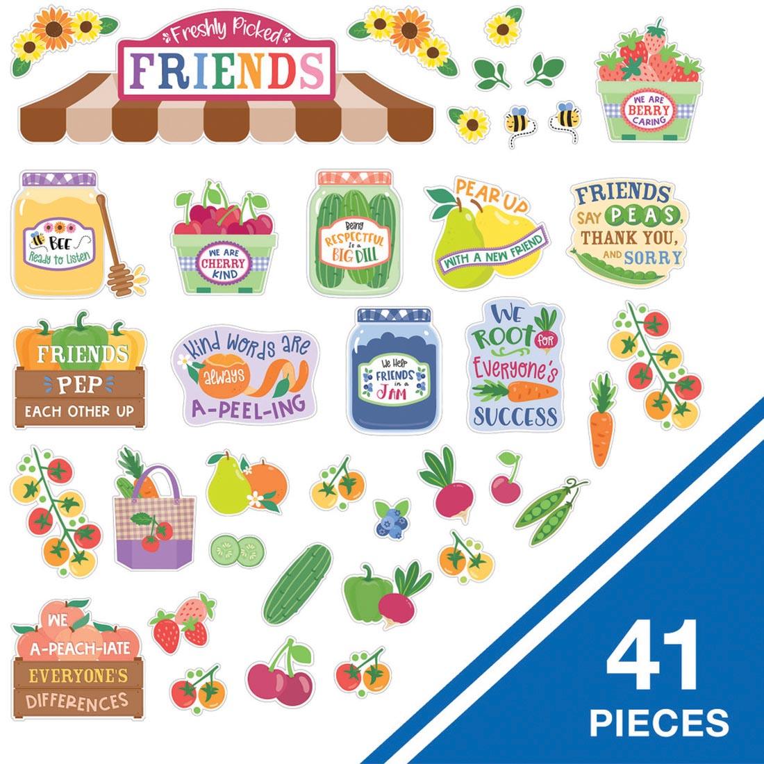contents of the Freshly Picked Friends Bulletin Board Set from the Farmers Market collection By Carson Dellosa plus text 41 pieces