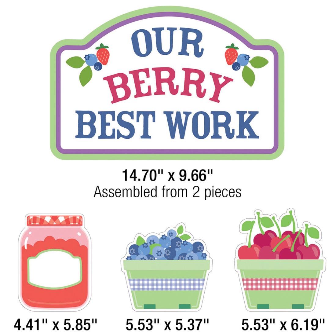 4 pieces from Our Berry Best Work Bulletin Board Set from the Farmers Market collection By Carson Dellosa each labeled with their measurements
