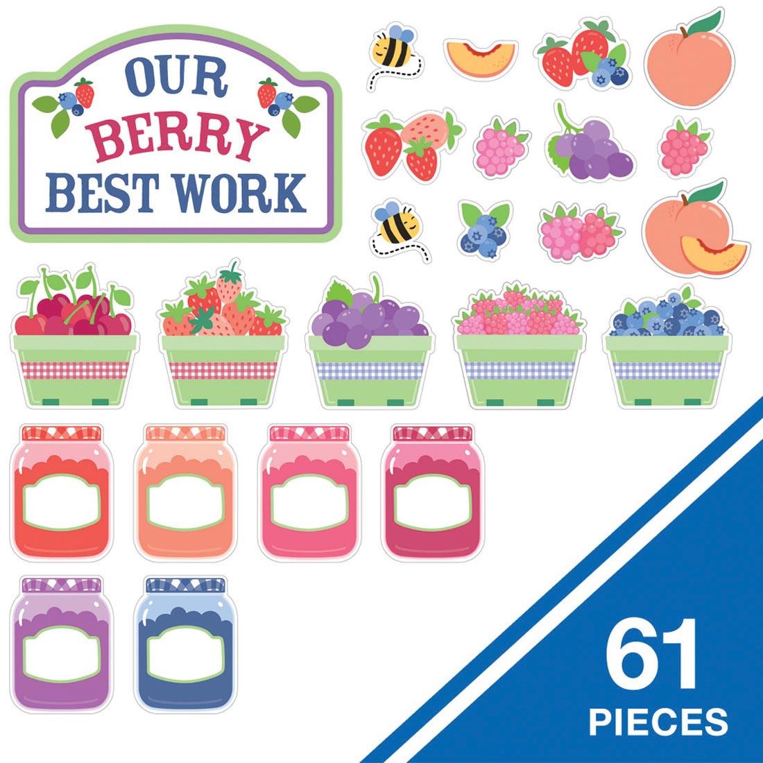contents of the Our Berry Best Work Bulletin Board Set from the Farmers Market collection By Carson Dellosa plus text 61 pieces