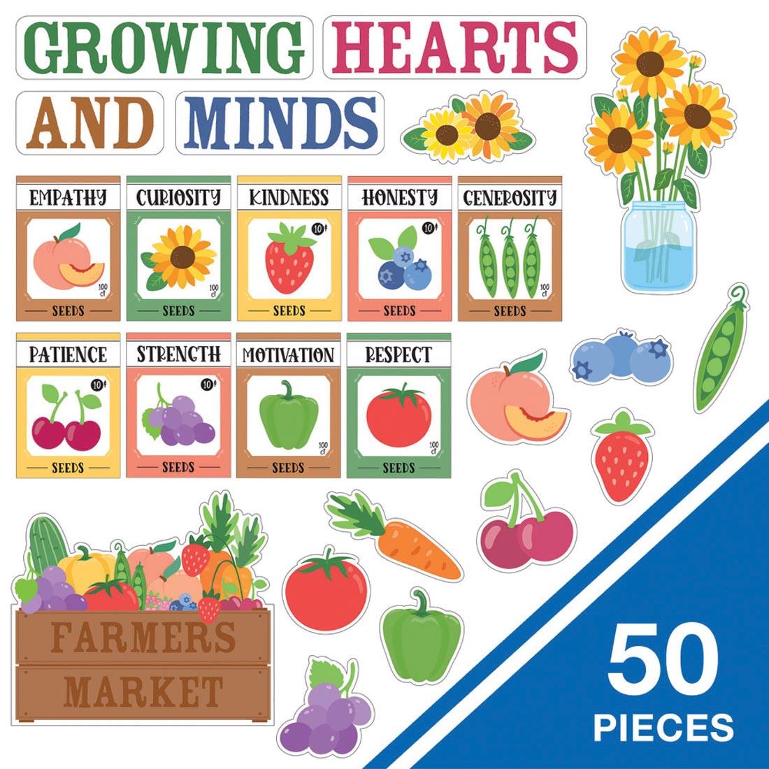 contents of the Growing Hearts Growing Minds Bulletin Board Set from the Farmers Market collection By Carson Dellosa plus text 50 pieces