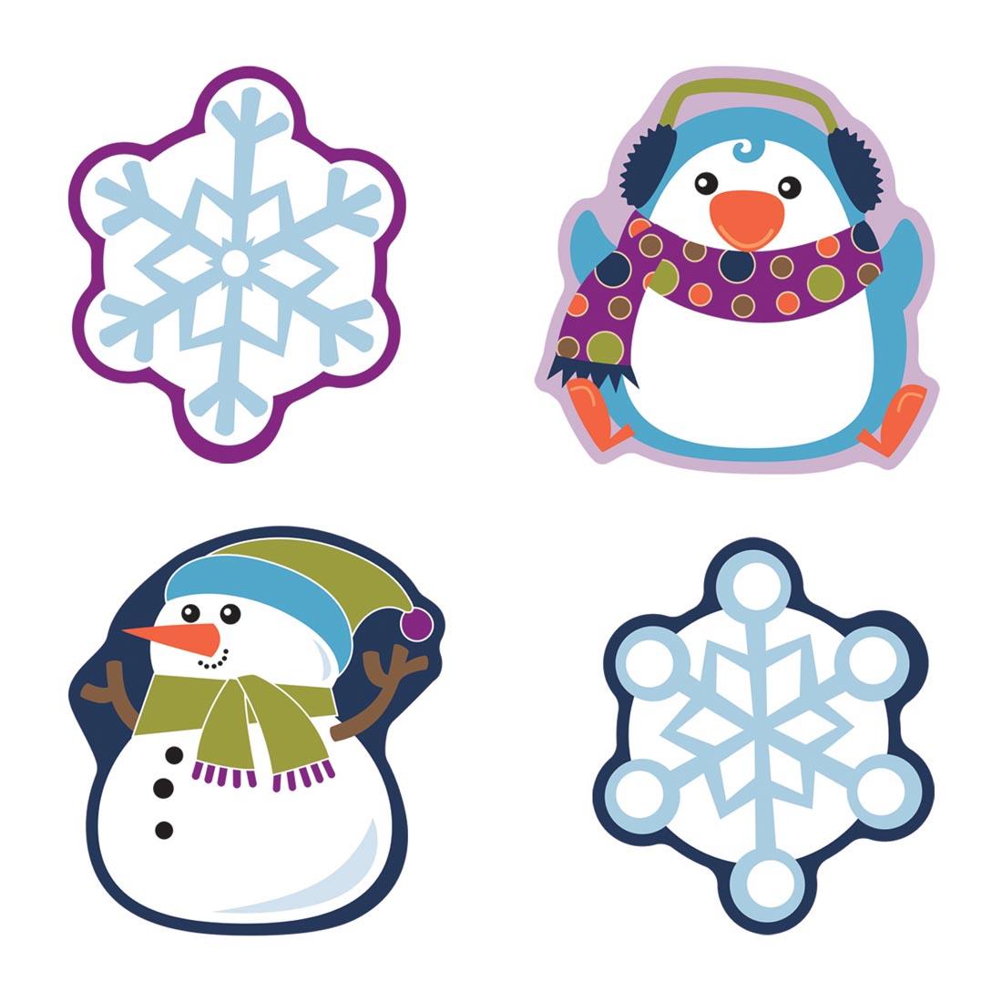 Penguin, Snowman and Snowflakes are part of the Winter Mix Assorted Colorful Cut-Outs by Carson Dellosa