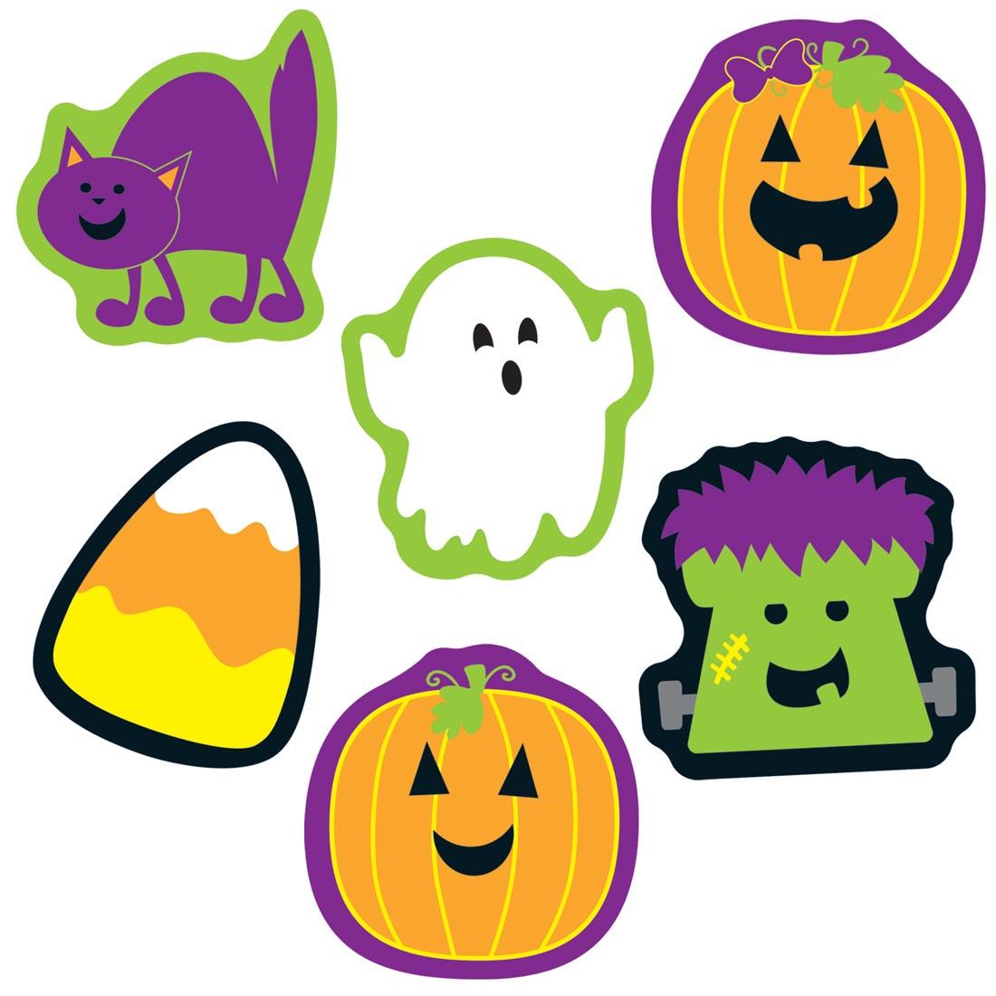 Pumpkins, Cat, Ghost and Candy Corn are part of the Halloween Mini Cut-Outs by Carson Dellosa