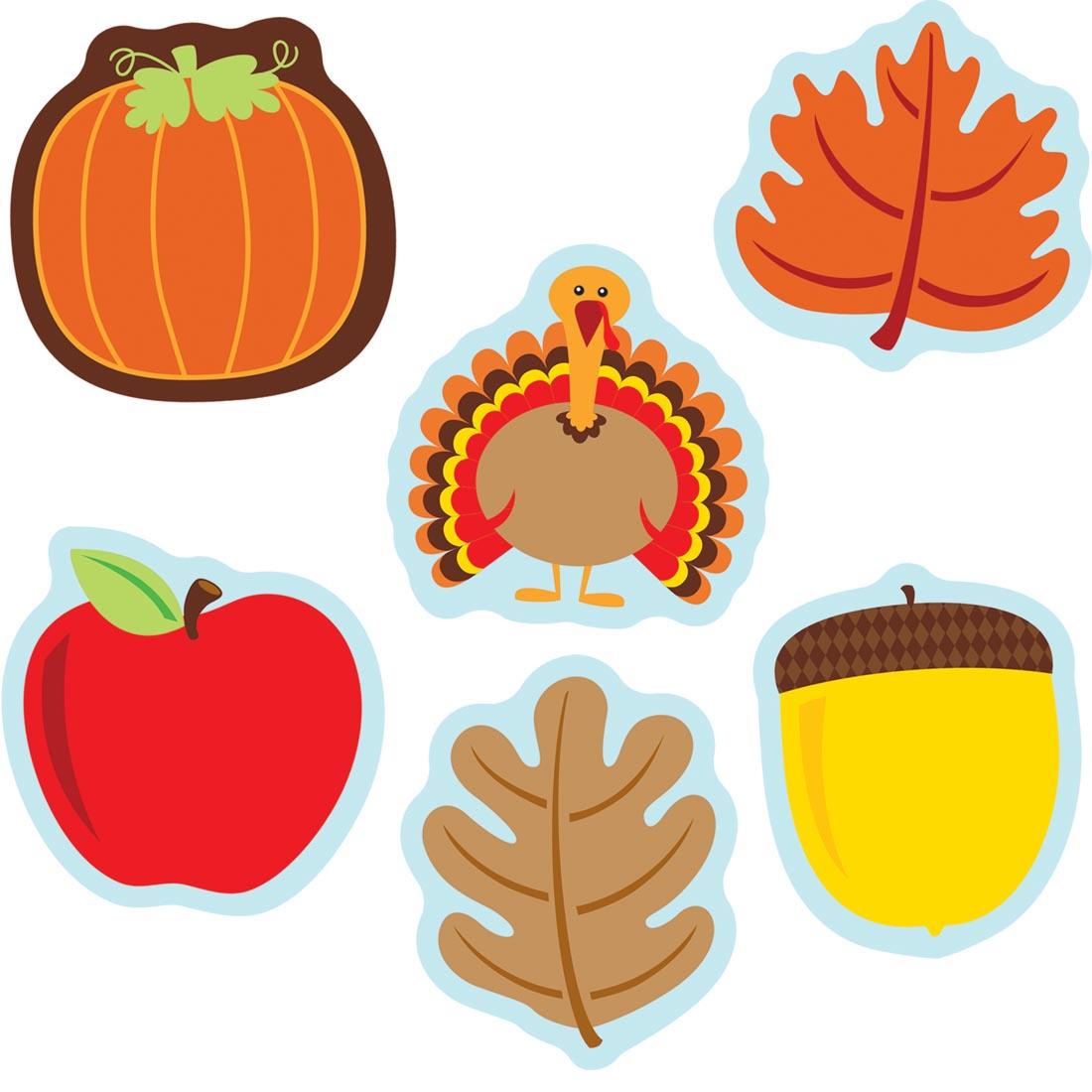 Pumpkin, Apple, Turkey, Acorn and Leaves are part of the Fall Mix Mini Cut-Outs by Carson Dellosa