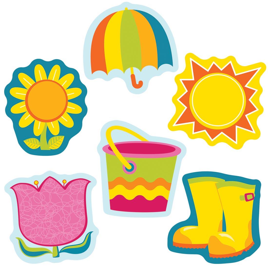 Umbrella, Sun, Bucket, Rain Boots and Flowers are part of the Spring Mix Mini Cut-Outs by Carson Dellosa