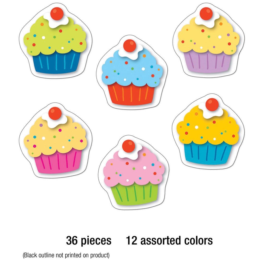 Six Assorted Cupcakes Mini Cut-Outs By Carson Dellosa plus text 36 pieces; 12 assorted colors; (Black outline not printed on product)