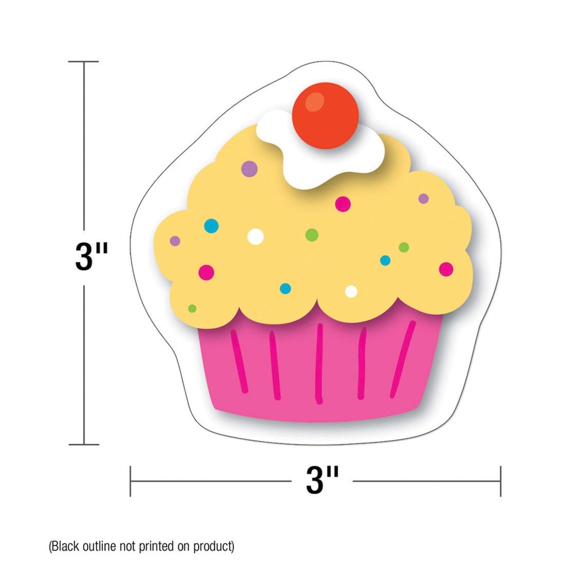 Cupcake Mini Cut-Out By Carson Dellosa labeled with measurements 3" and 3" plus text (Black outline not printed on product)