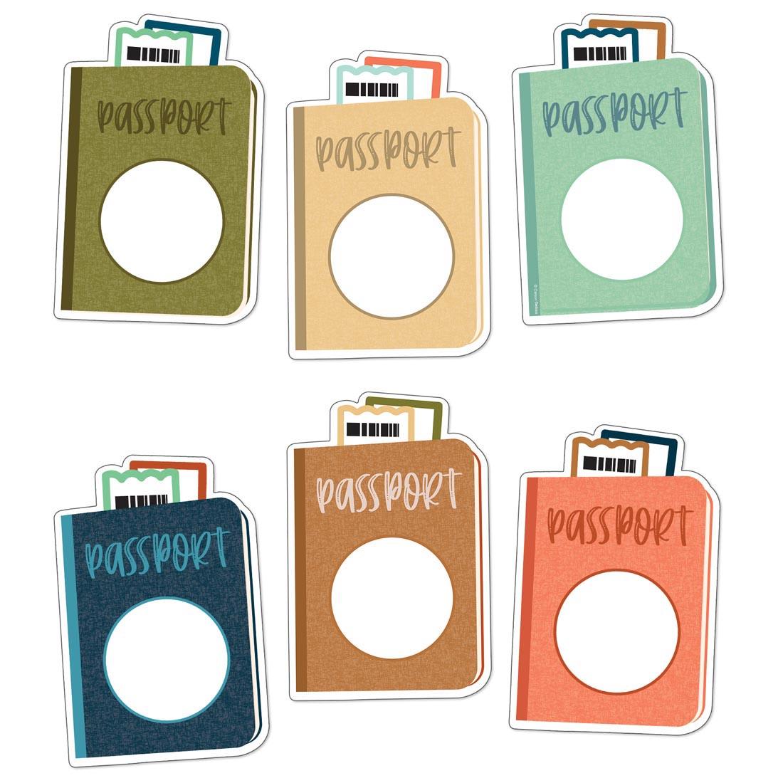 6 Let's Explore Passport Cut-Outs By Carson Dellosa in various colors