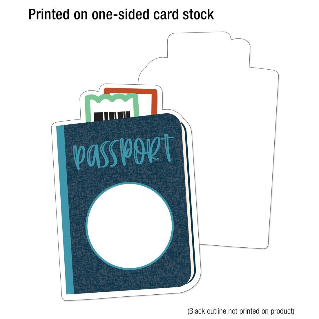 Blue Let's Explore Passport Cut-Out By Carson Dellosa, showing it is printed on one side with white on the reverse