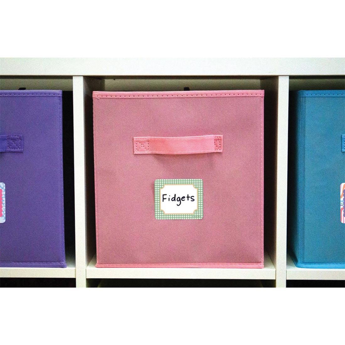 Name Tag from the Farmers Market collection By Carson Dellosa in use on a cubby basket